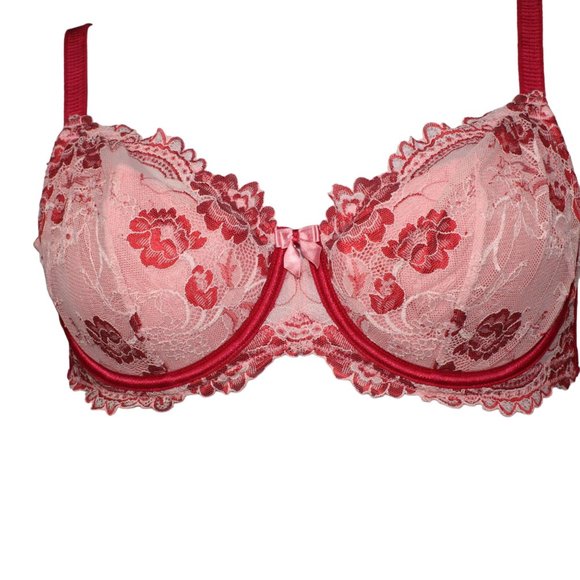 Soma Flirtation Balconet Collection Chantilly Lace Retro Bra Pink Red Size 36D - Picture 2 of 10